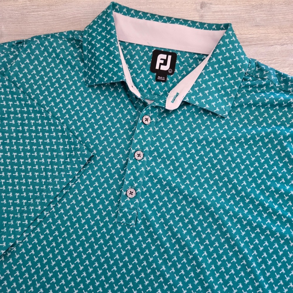 FootJoy Polo Shirt Teal Green Palm Tree Print Performance Golf Mens Large